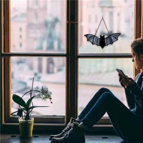 Bat Stained Glass Window Hanging Suncatcher for Window,Halloween Bat Decoration - Picture 6 of 7